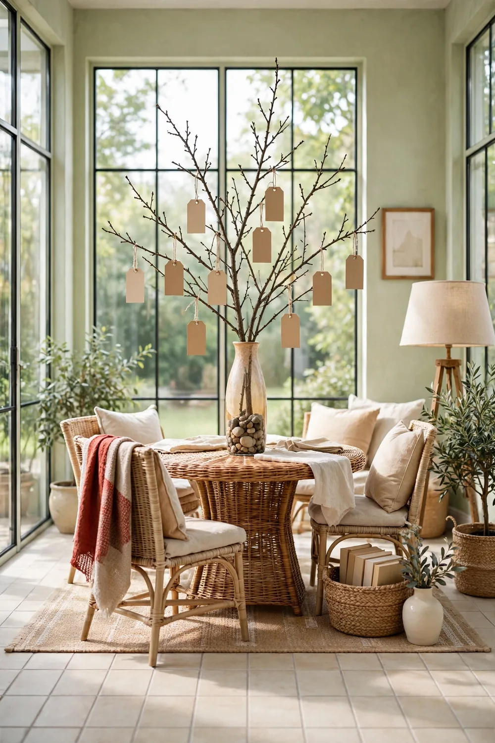 Bare branch in a tall vase hung with small kraft paper thank-you tags