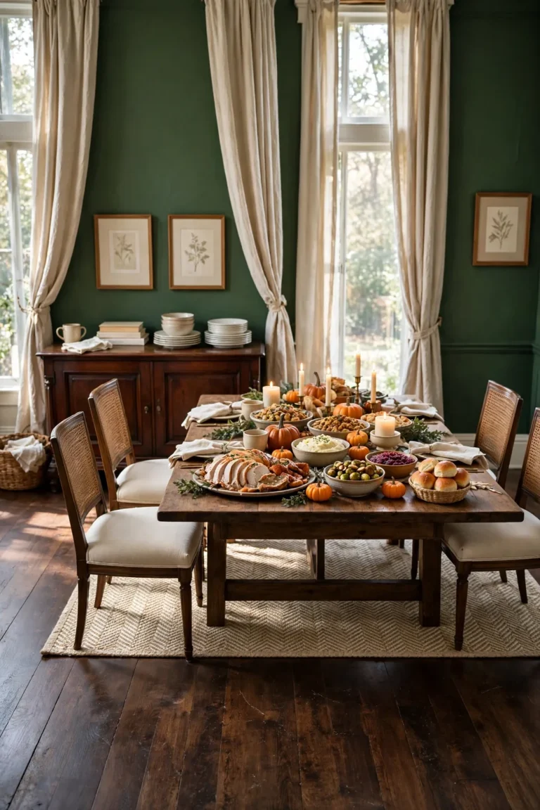 A grand dining room with a long harvest table covered in Thanksgiving buffet dishes, candles, and fall decor