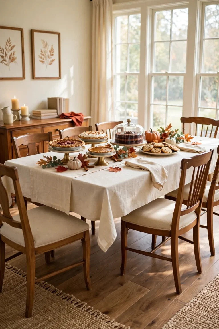 Wide dining room with a long Thanksgiving dessert table full of pies, cakes, and tiered stands in daylight