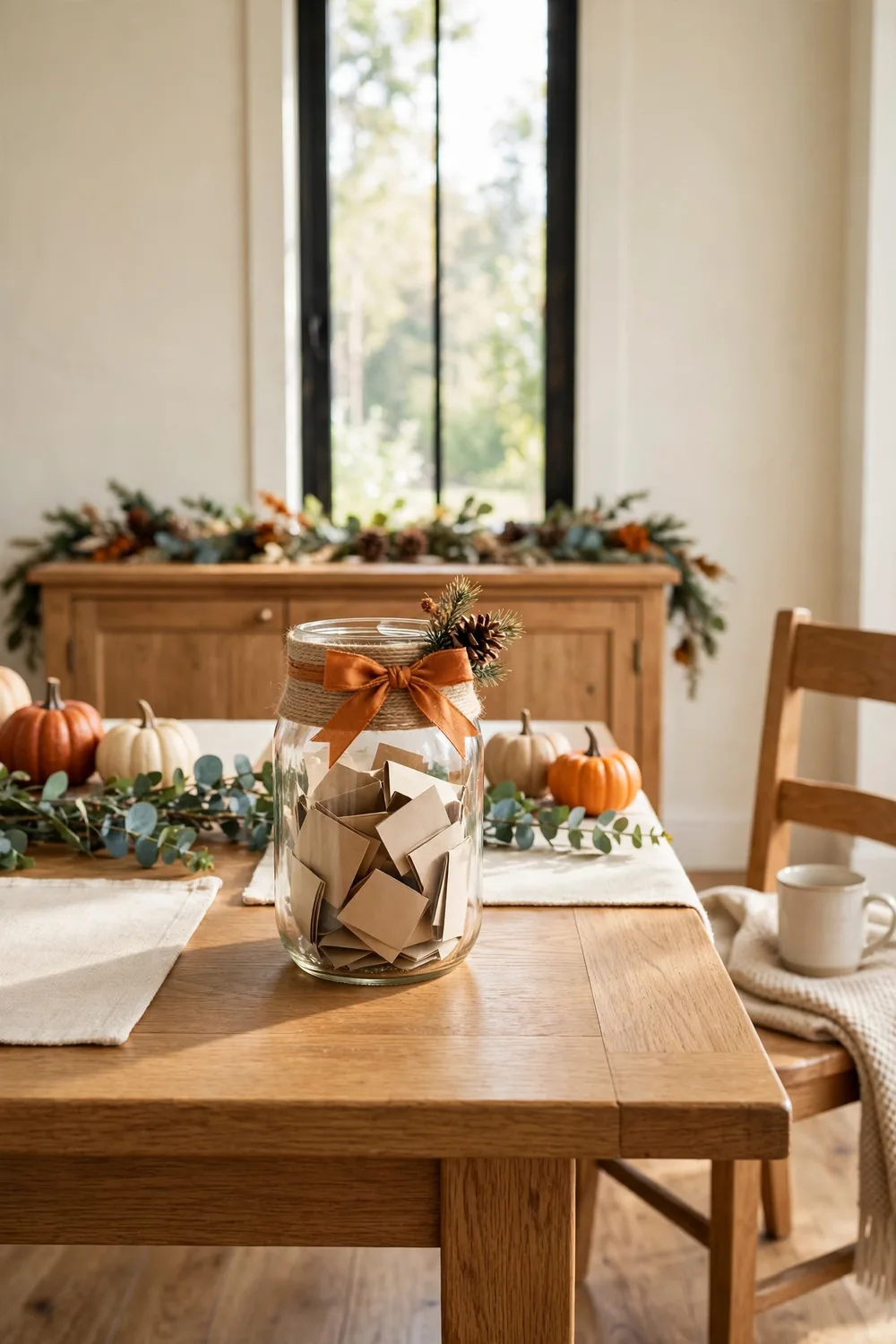 Finished gratitude jar decorated with twine and ribbon on a farmhouse dining table set for Thanksgiving