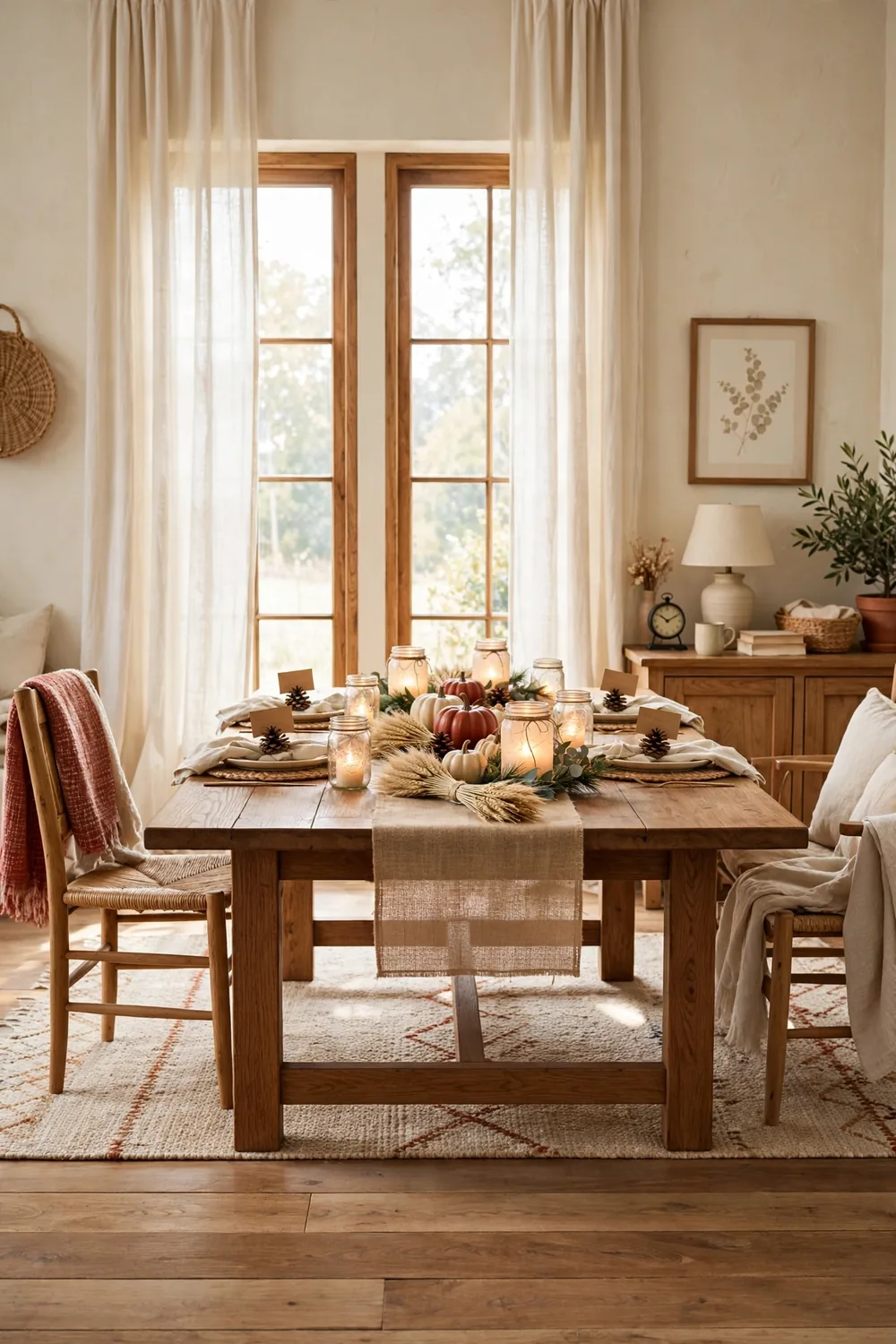 Wide view of a Thanksgiving dining table styled with handmade budget decorations in warm fall colors