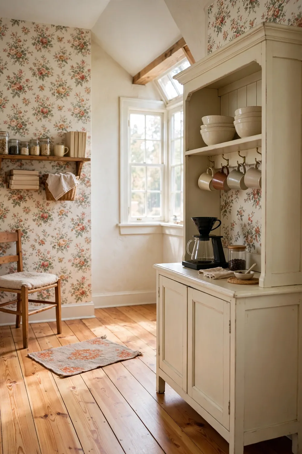 Charming farmhouse kitchen with a thrifted hutch styled as a coffee station, floral wallpaper, pine floor