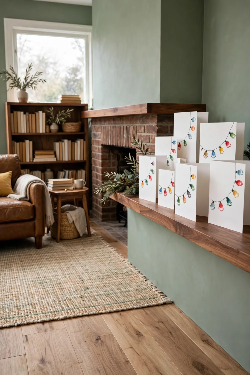 Handmade thumbprint Christmas light cards displayed on a wooden mantel shelf in a cozy den