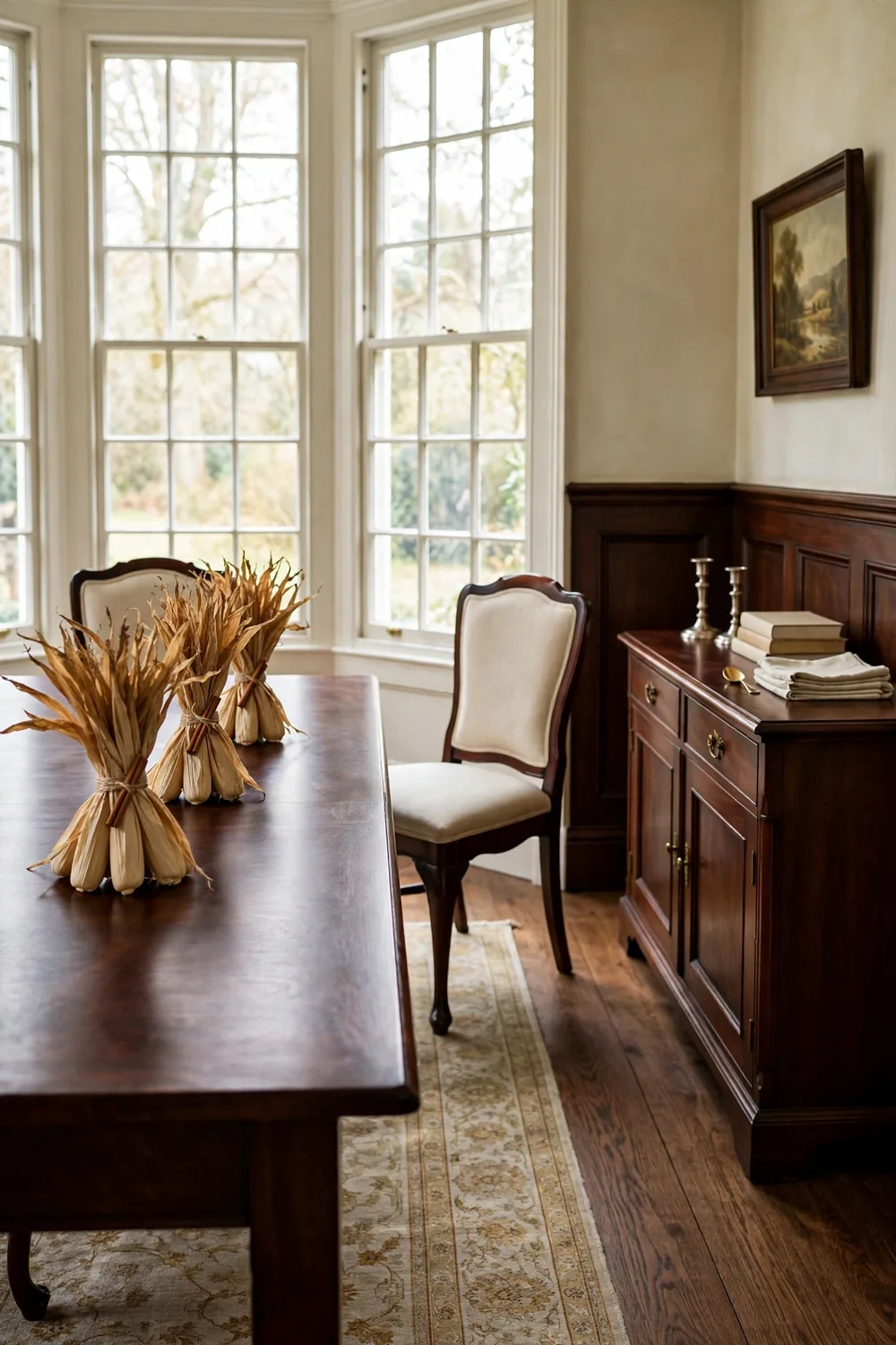 Three bundles of dried corn husks tied with twine with fanned tops standing in a row on a traditional dining table