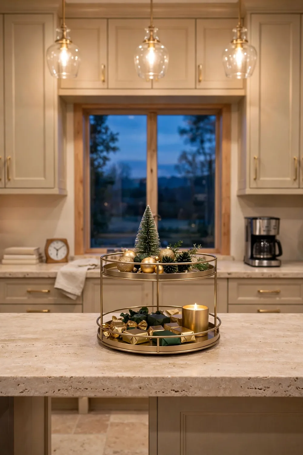 Two-tiered tray with mini ornaments, a tiny tree, wrapped candies, and a candle on a kitchen counter