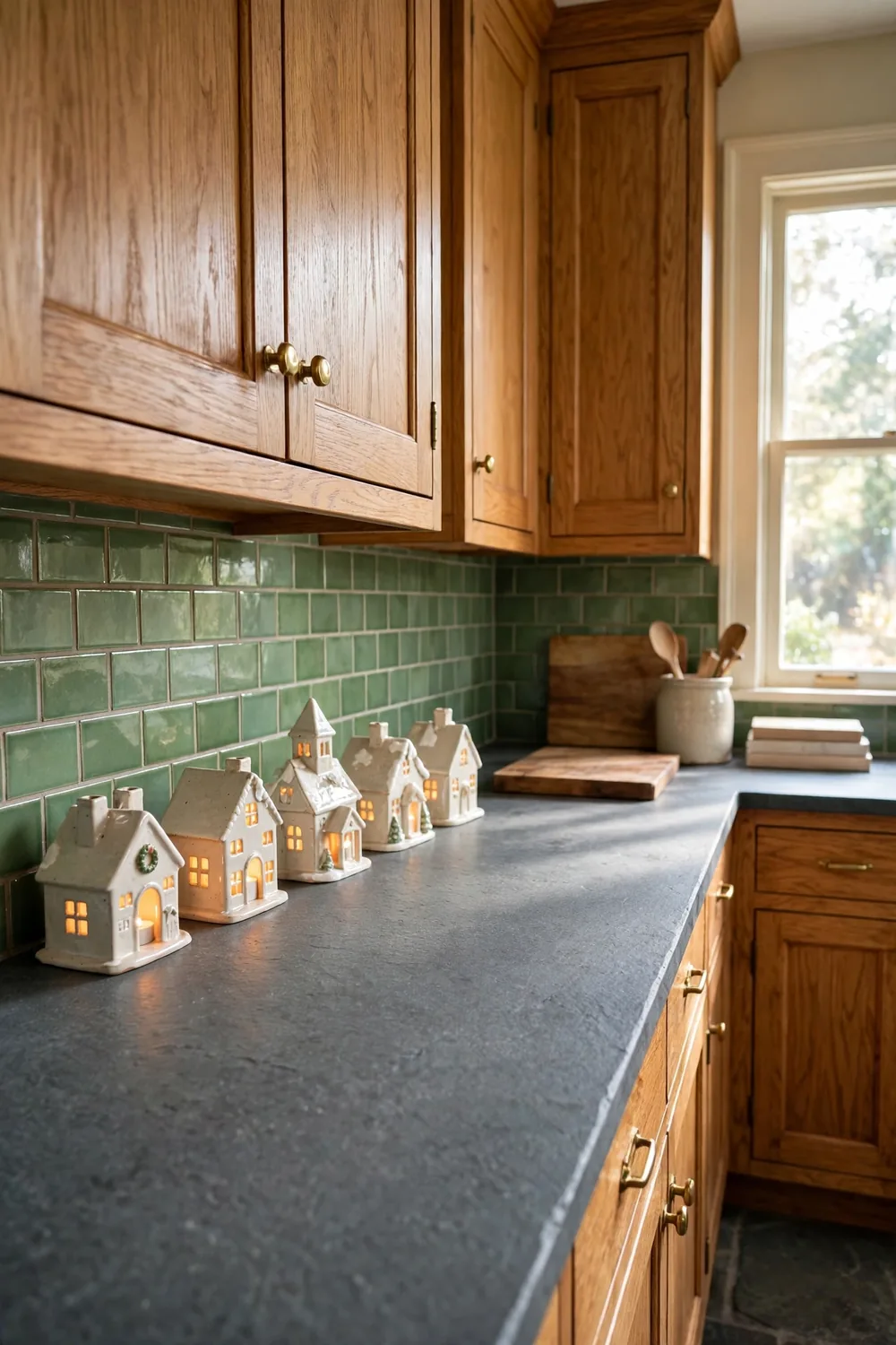 Row of tiny ceramic houses with glowing battery tea lights lined up on a kitchen backsplash ledge