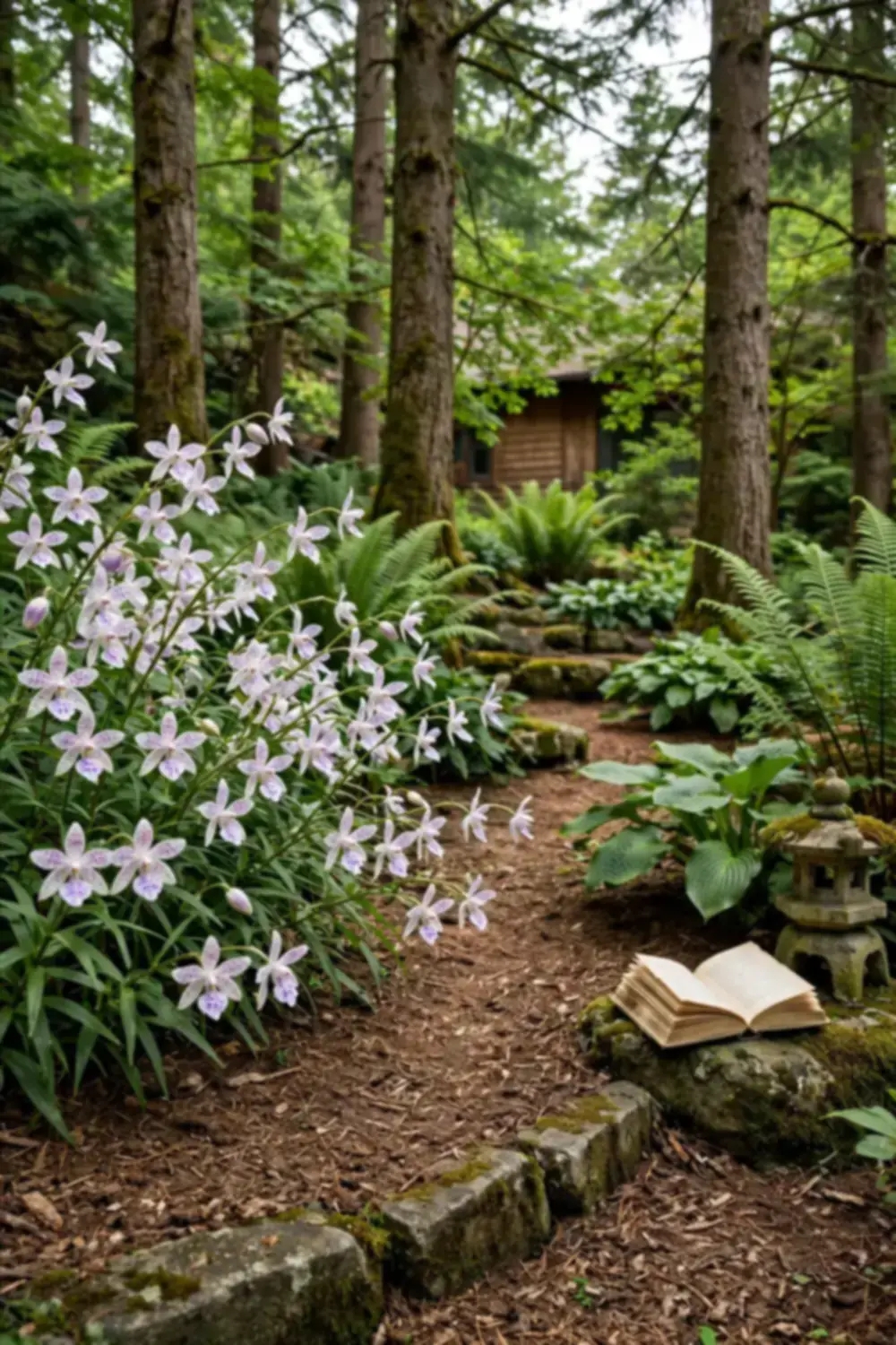White and lavender toad lilies blooming in a woodland shade bed