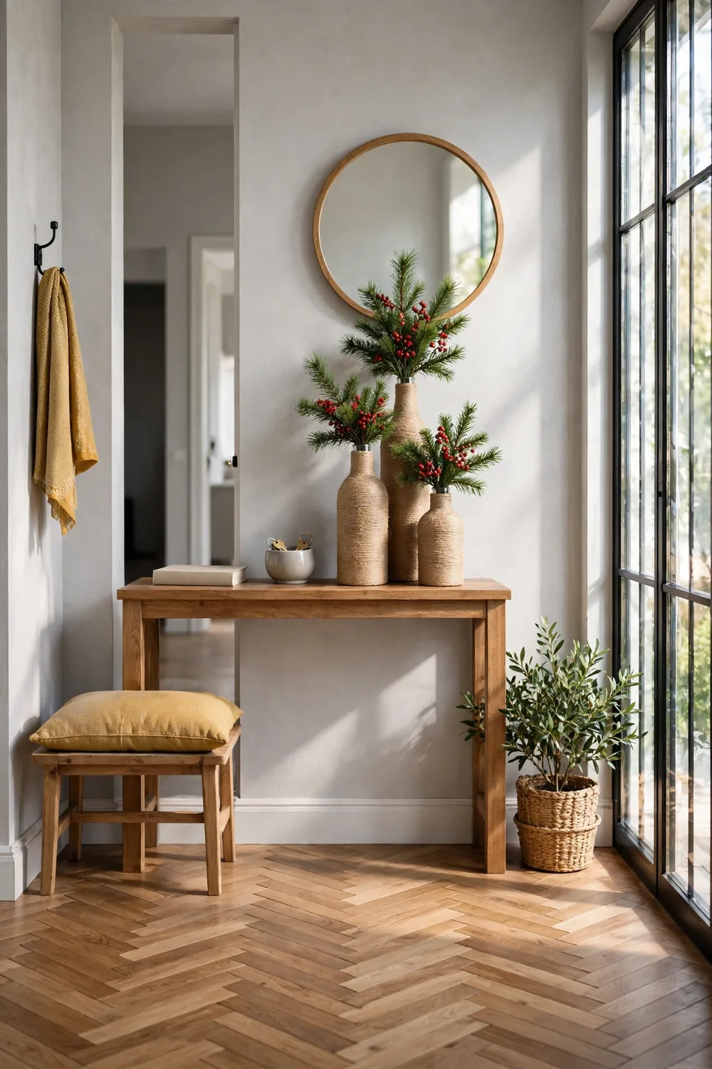 Glass bottles wrapped in jute twine holding pine branches and red berries on an entryway console table