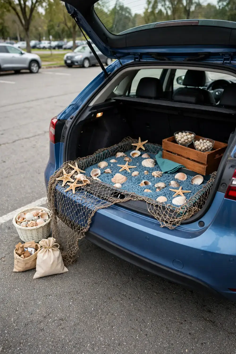 A blue car trunk with a shallow bin of blue rice and buried shells for an under-the-sea digging game