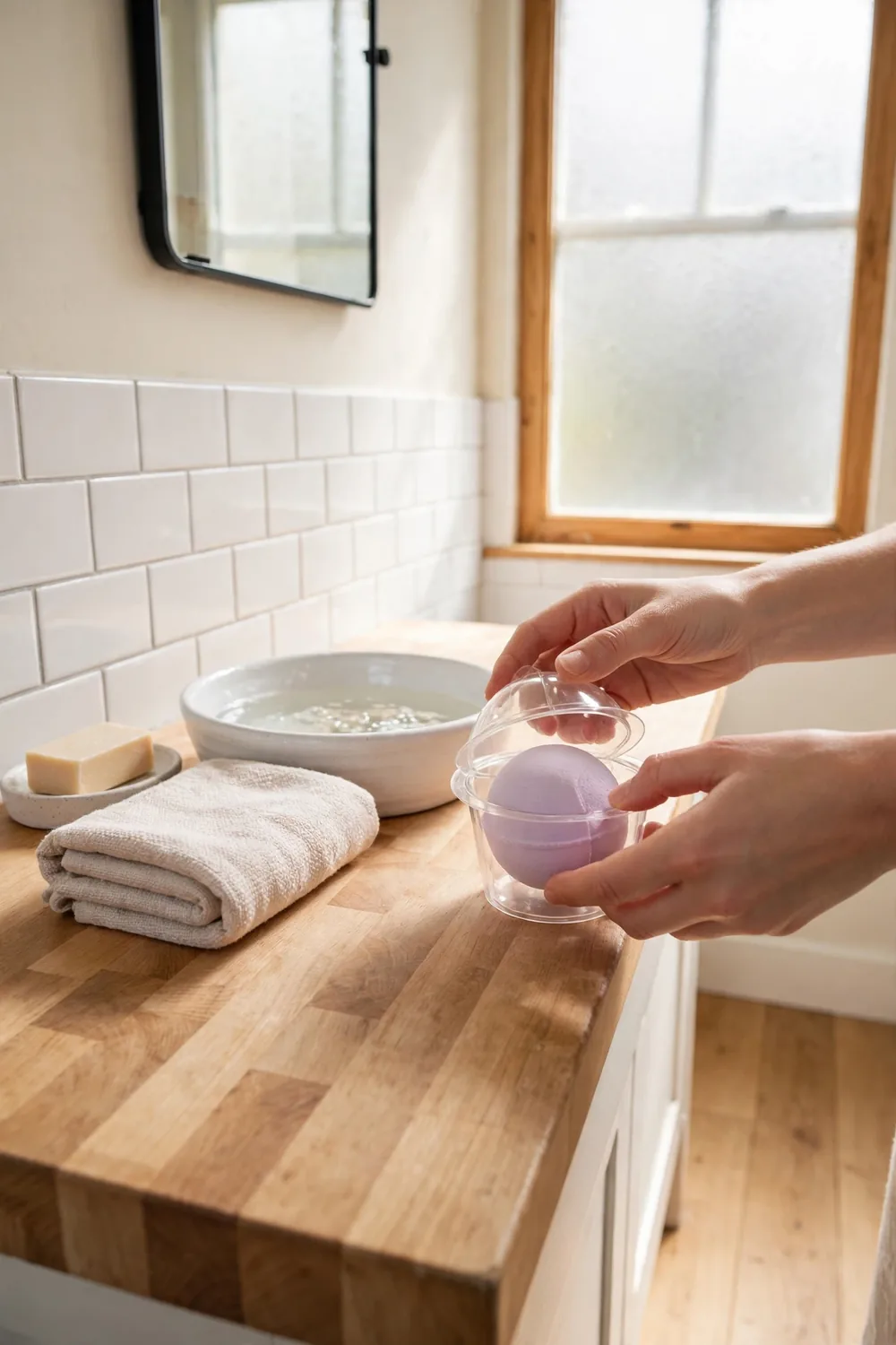 Hands gently twisting open a round mold to reveal a smooth pastel lavender bath bomb on a bathroom counter