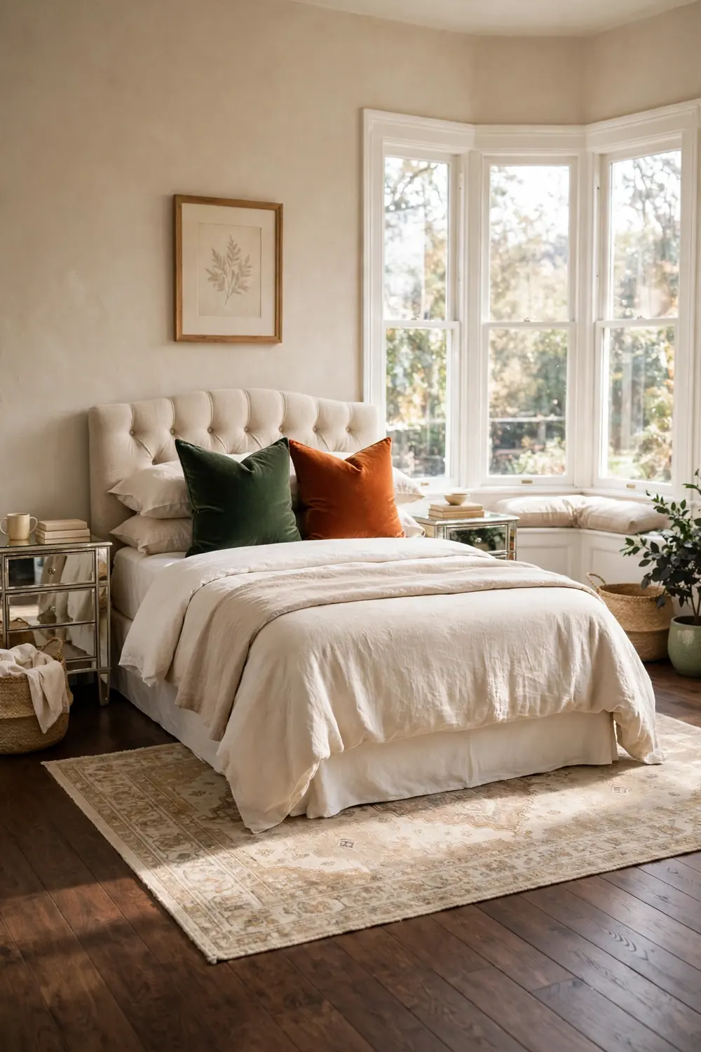 Forest green and burnt orange velvet pillows arranged on a traditional bed