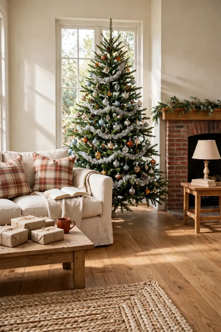 A farmhouse living room with a Christmas tree trimmed with silver tinsel garland, wrapped gifts, and a brick fireplace