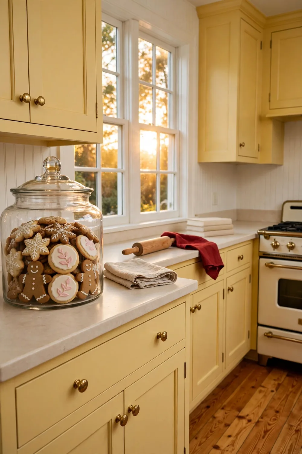 Large glass cookie jar filled with decorated sugar cookies on a kitchen counter near the oven