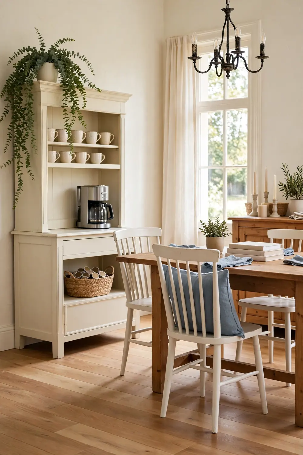 Vintage hutch turned coffee bar in a kitchen with floral wallpaper, glass doors showing cups, a porcelain sink nearby, and navy accents.