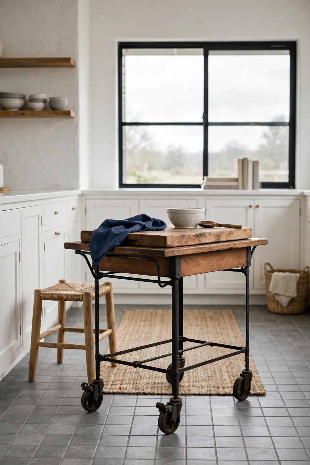 Compact farmhouse kitchen with a vintage-style rolling cart, white cabinets, and gray tile floor