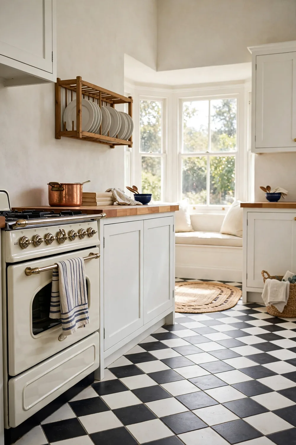 Classic farmhouse kitchen with a cream vintage-style range, white cabinets, checkerboard floor, and bay window