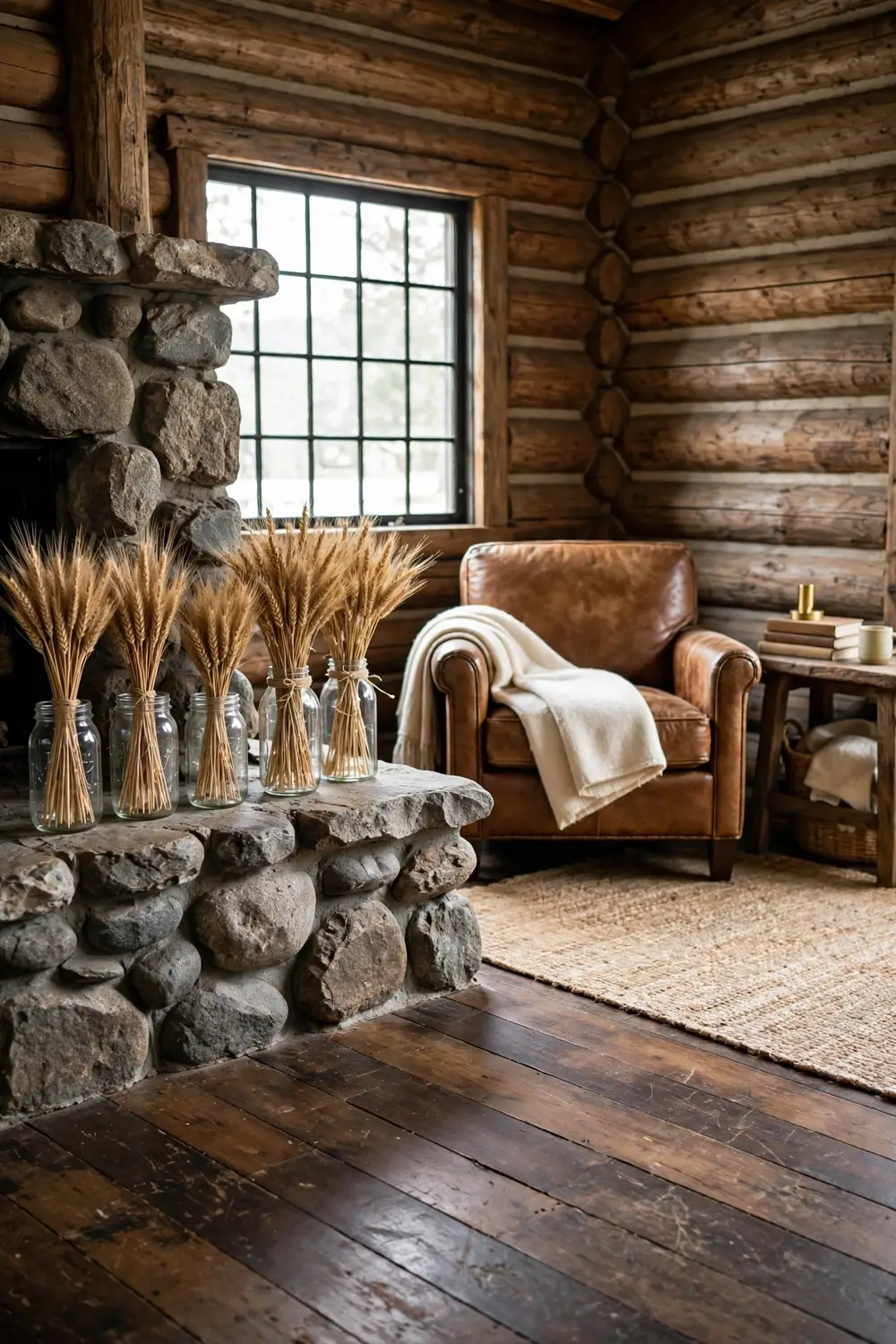 Small bundles of dried wheat tied with twine standing in clear mason jars on a rustic cabin fireplace mantel