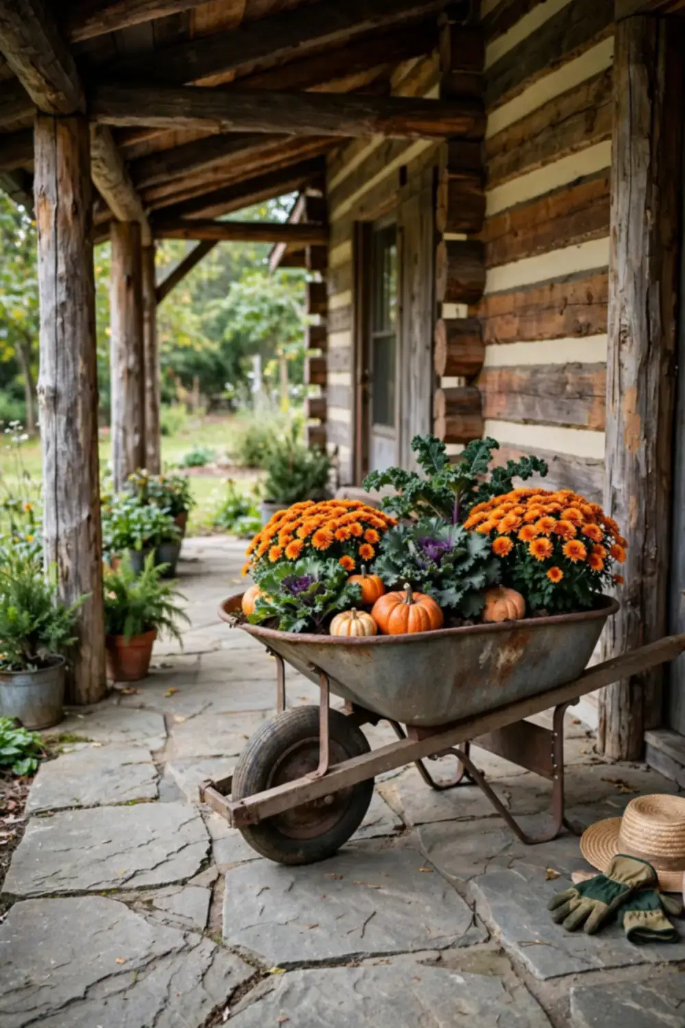 Old wheelbarrow planter filled with mums, fancy kale, and small pumpkins on a rustic cabin porch