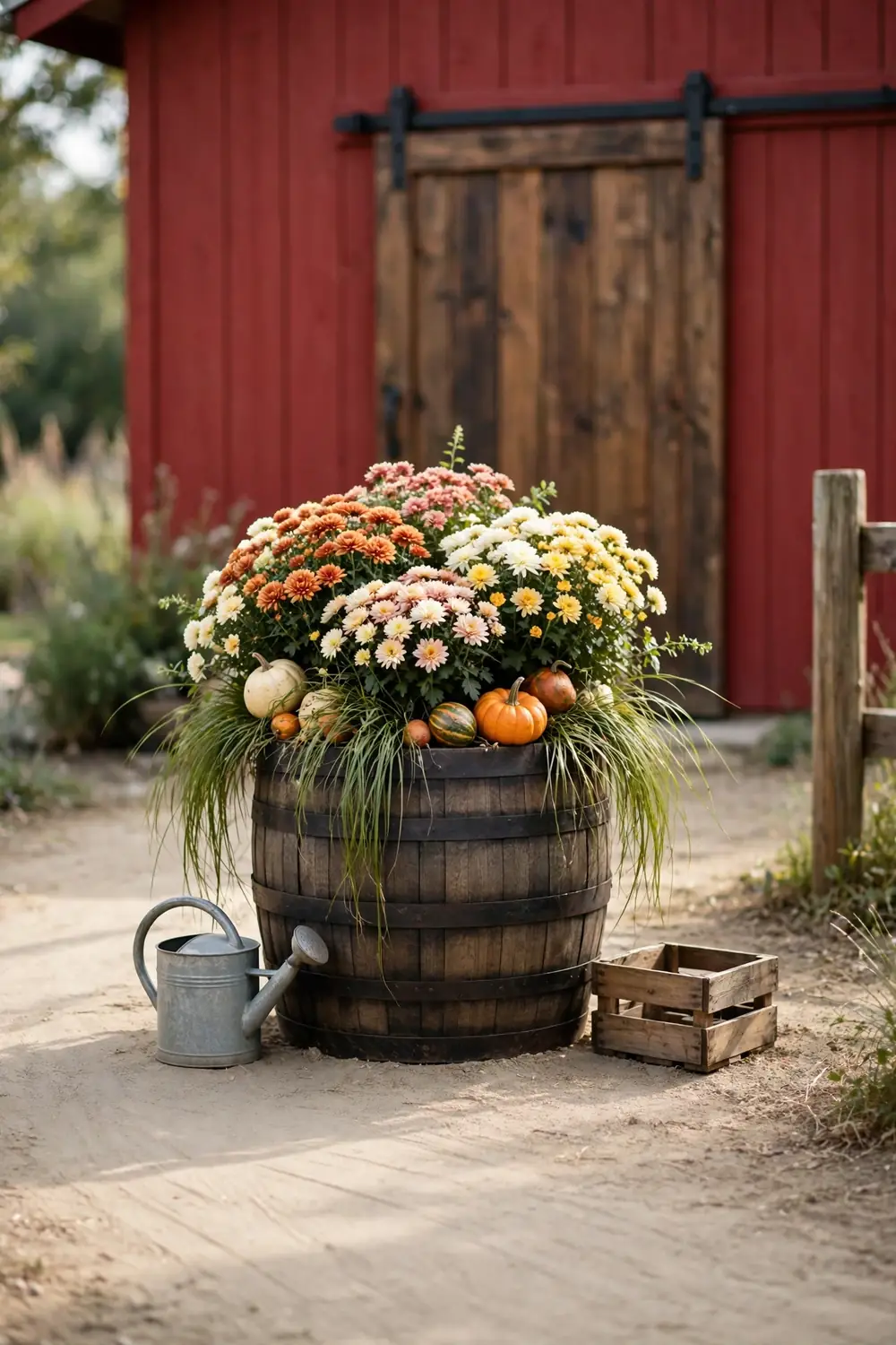 Half whiskey barrel overflowing with colorful mums, ornamental grass, and gourds on a red barn-style home porch.