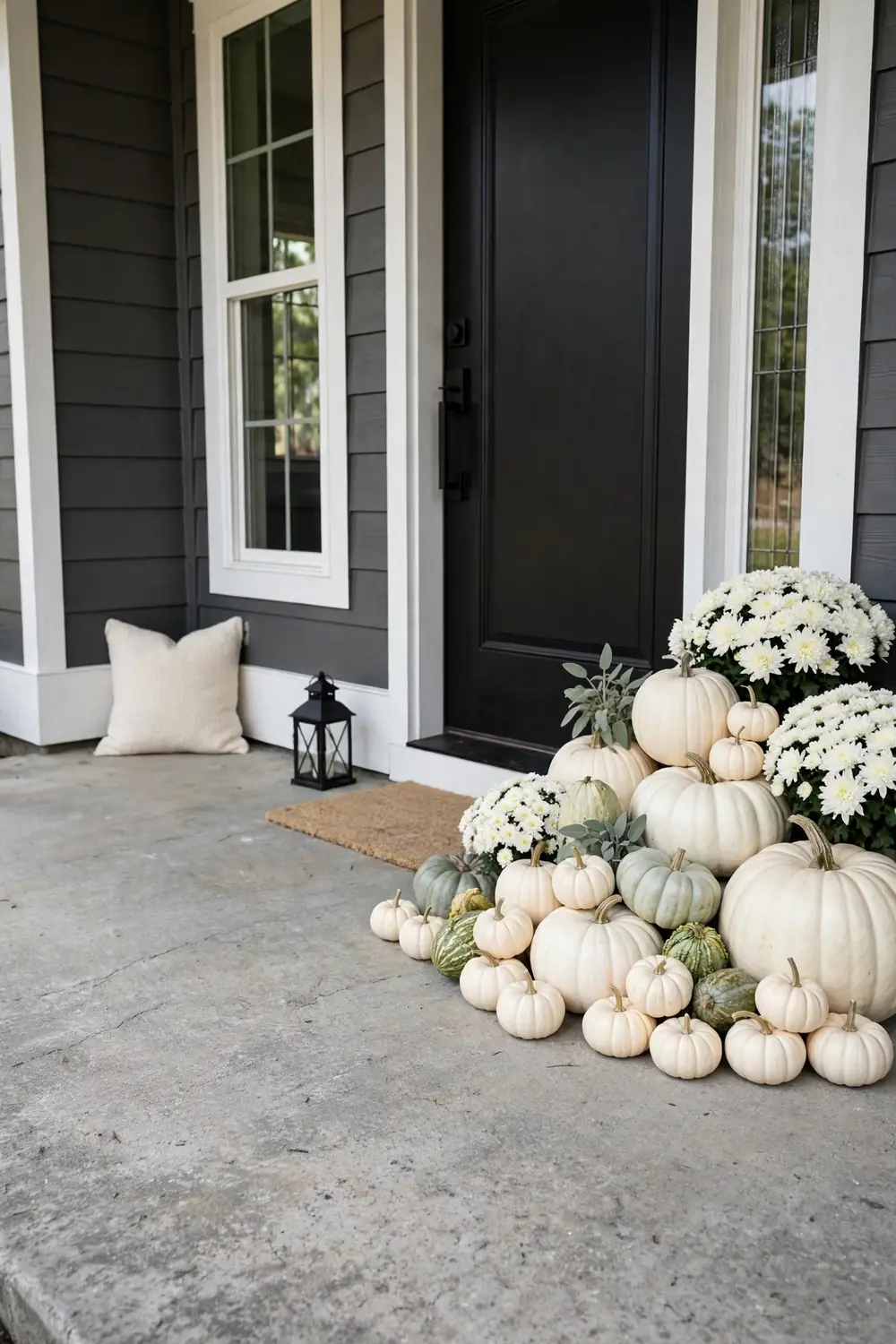White pumpkins in many sizes clustered with white mums and pale green gourds before a black front door