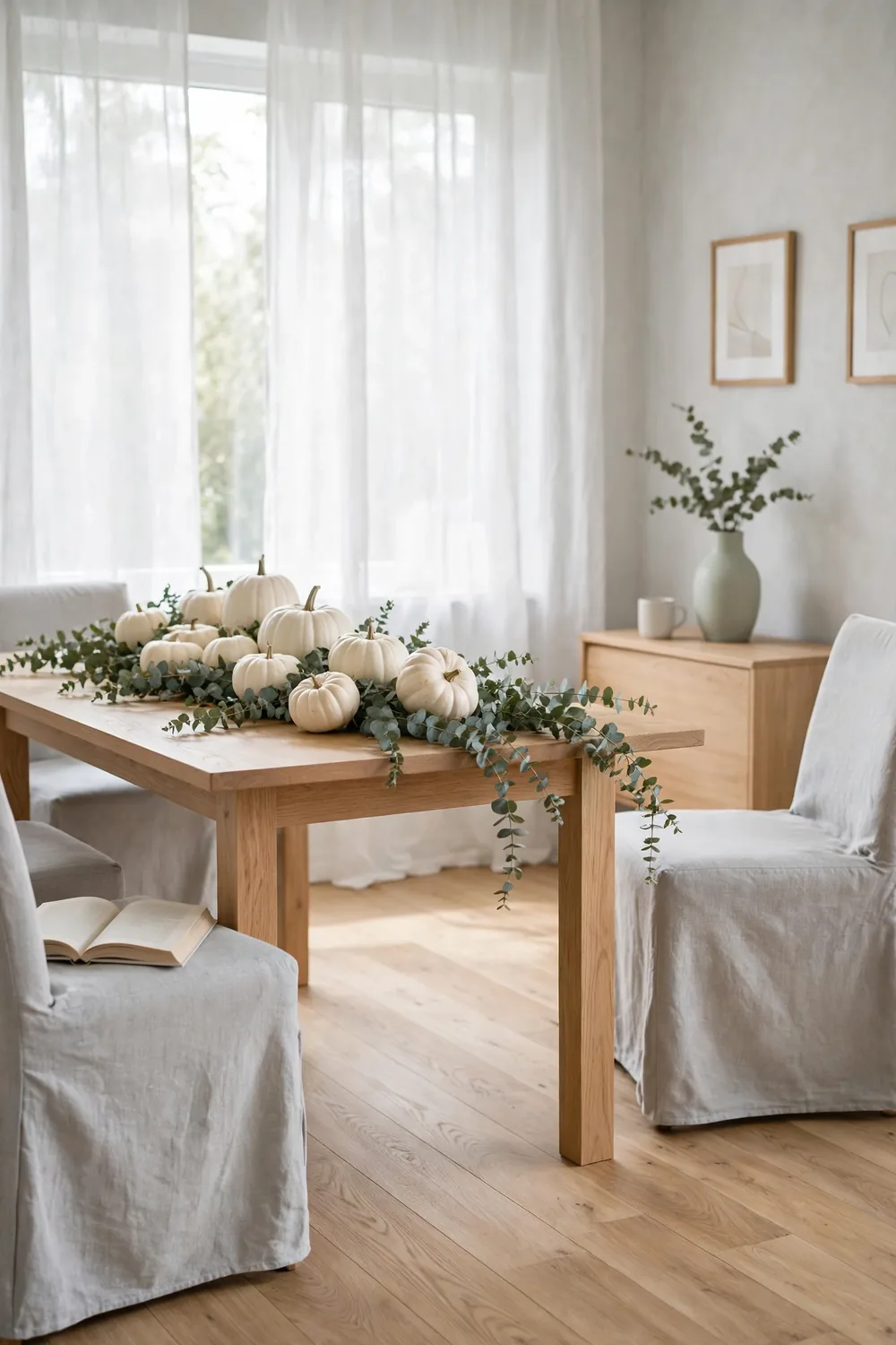 White pumpkins of mixed sizes nestled along a fresh eucalyptus runner on a light oak dining table