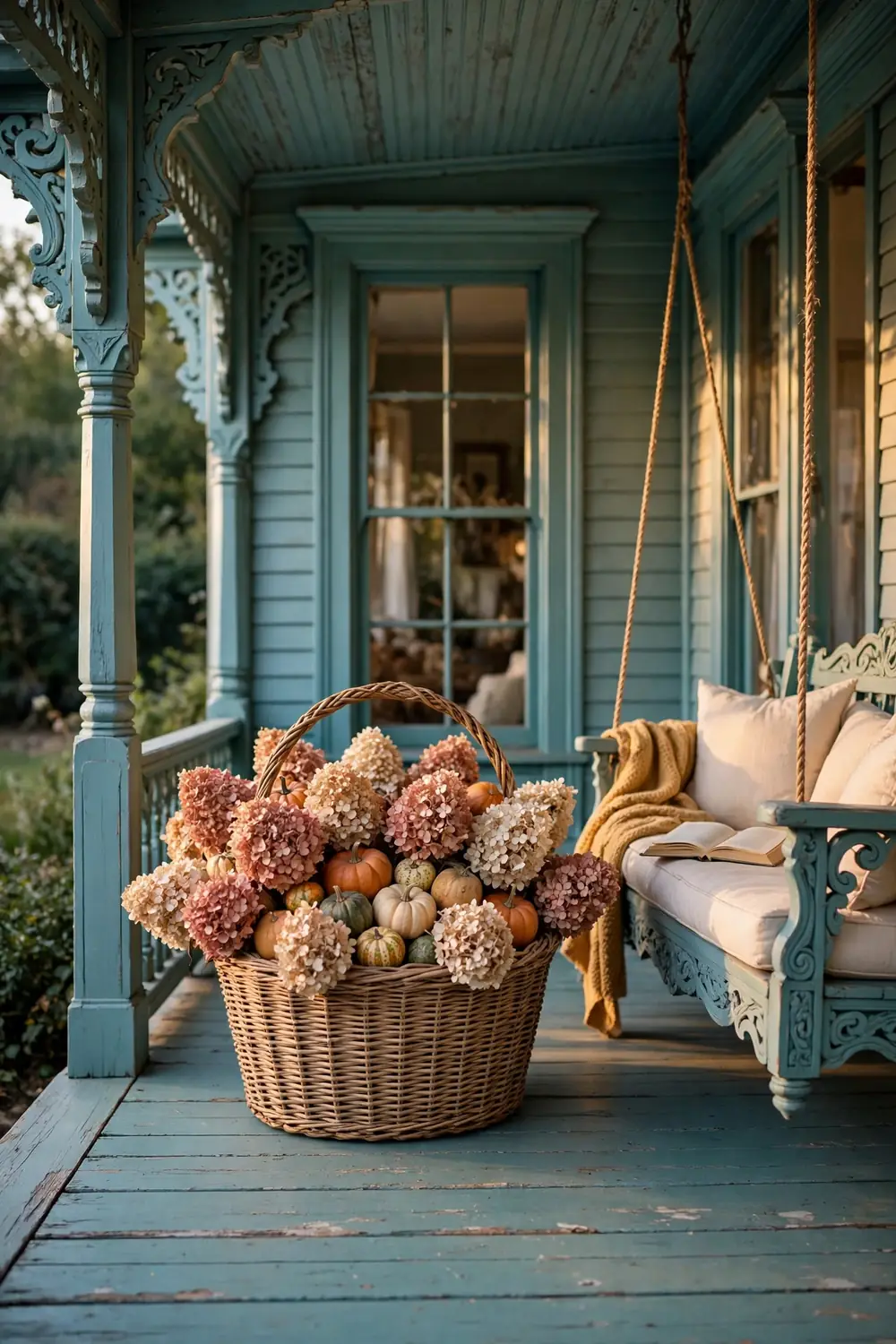 Wicker basket of dried hydrangea blooms in dusty rose with mini pumpkins on a vintage Victorian porch.