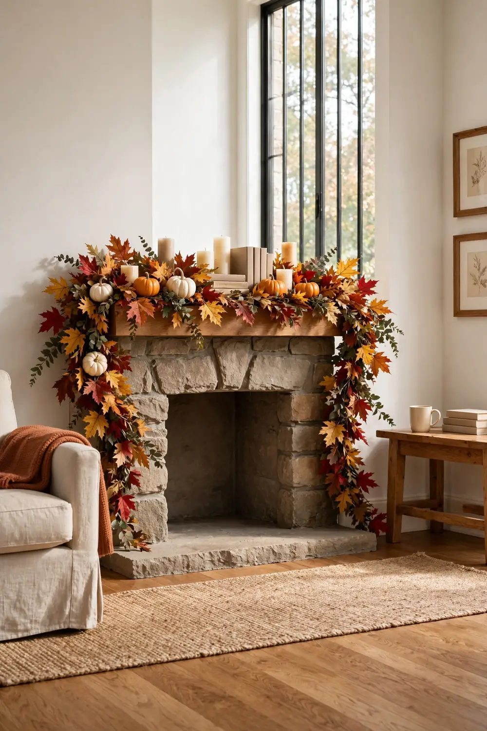Wide view of a craftsman living room fireplace mantel decorated with a full autumn leaf garland, glowing pillar candles, and mini pumpkins