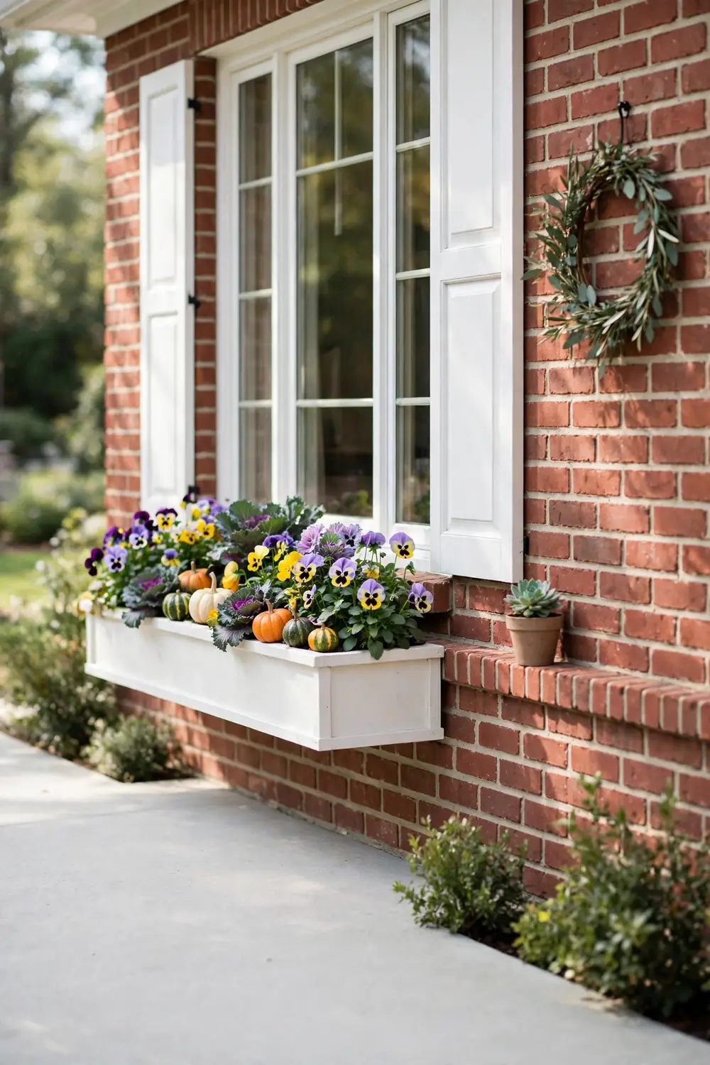Window box of pansies and ornamental kale with tiny pumpkins tucked between the blooms under a brick ranch window.