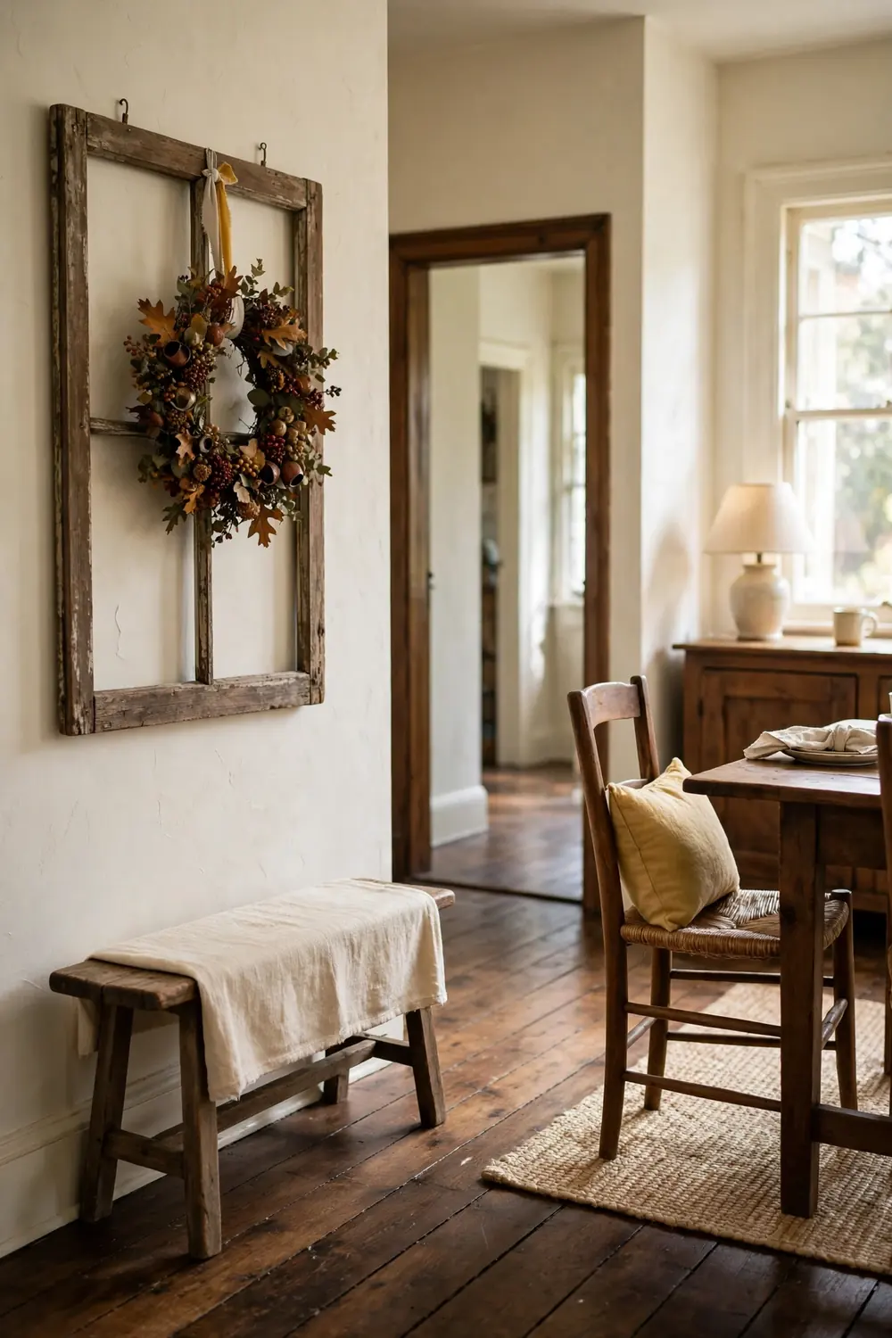 Salvaged window frame with a small wreath hanging on a cream dining room wall