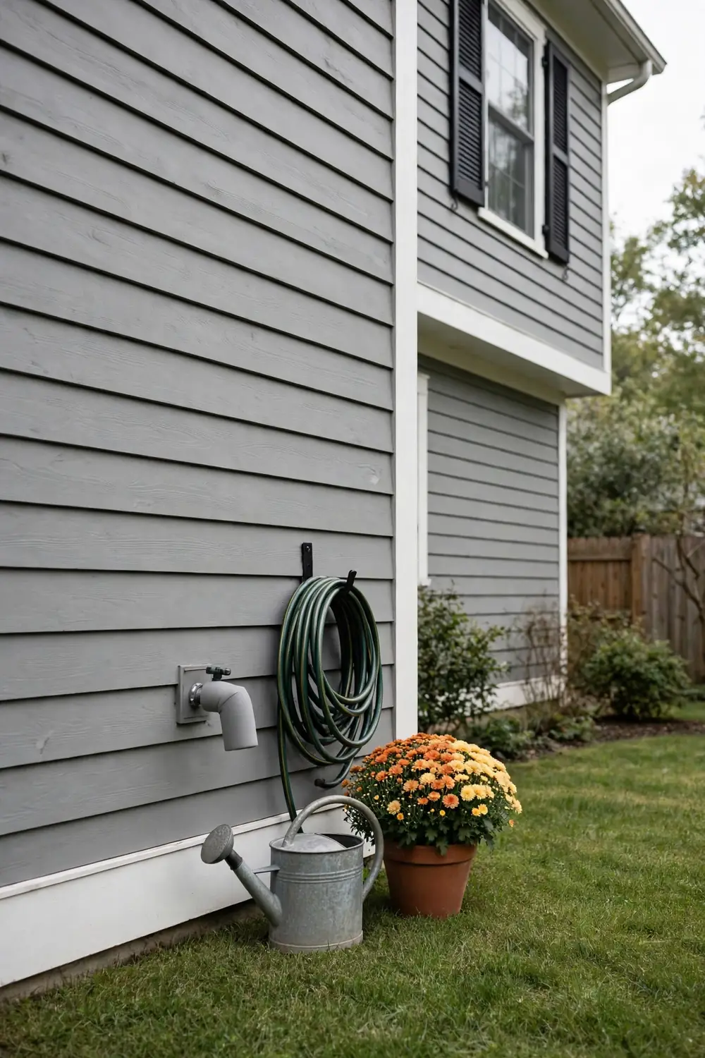 Outdoor spigot on a gray house wall with a foam cover and a coiled hose on a wall hook