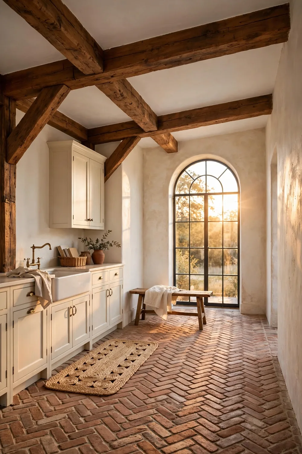 Rustic farmhouse kitchen with chunky stained wood ceiling beams, brick floor, and a tall arched window at golden hour
