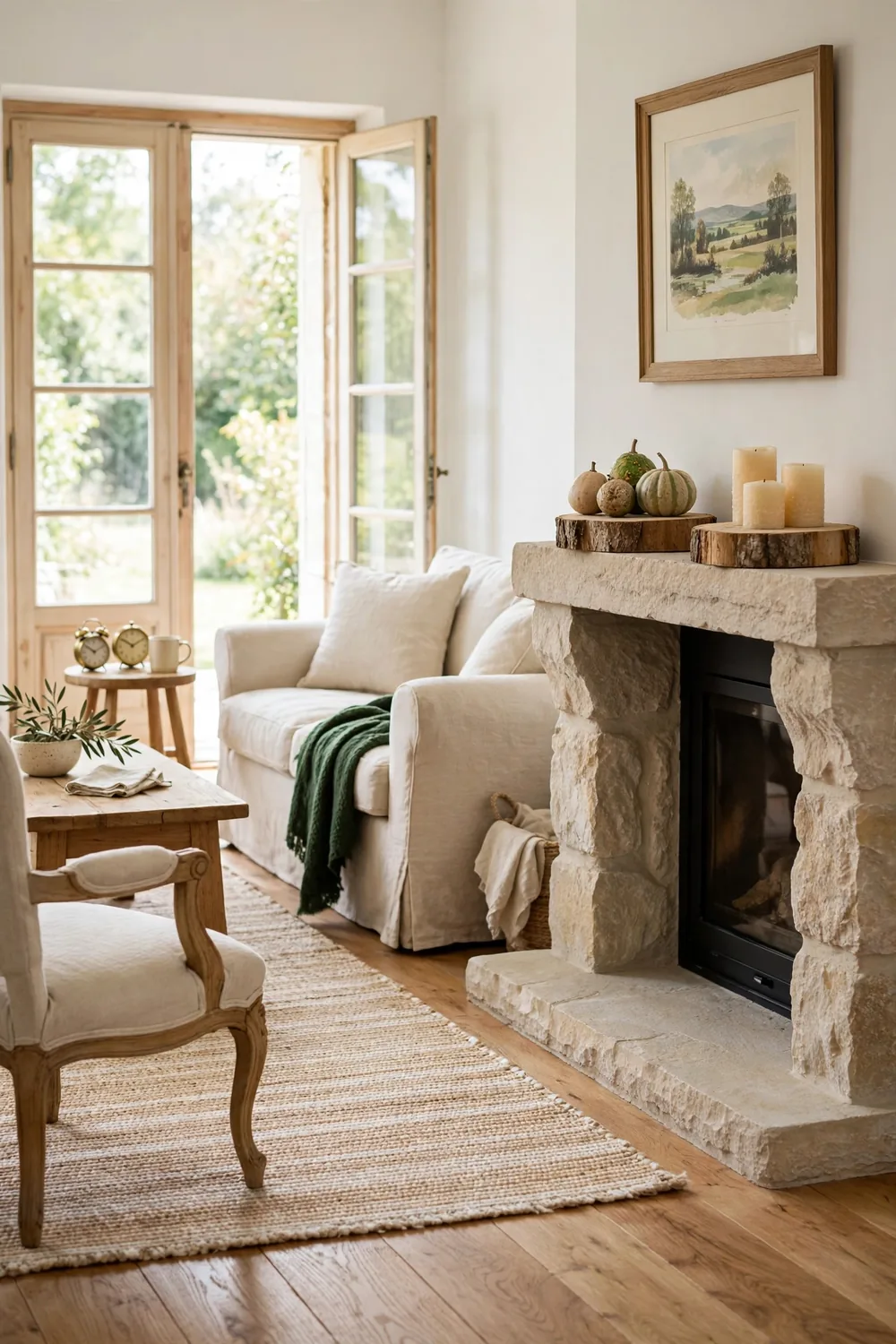 Flat wood slices stacked into risers of different heights topped with gourds and pinecones on a white and gold dining table