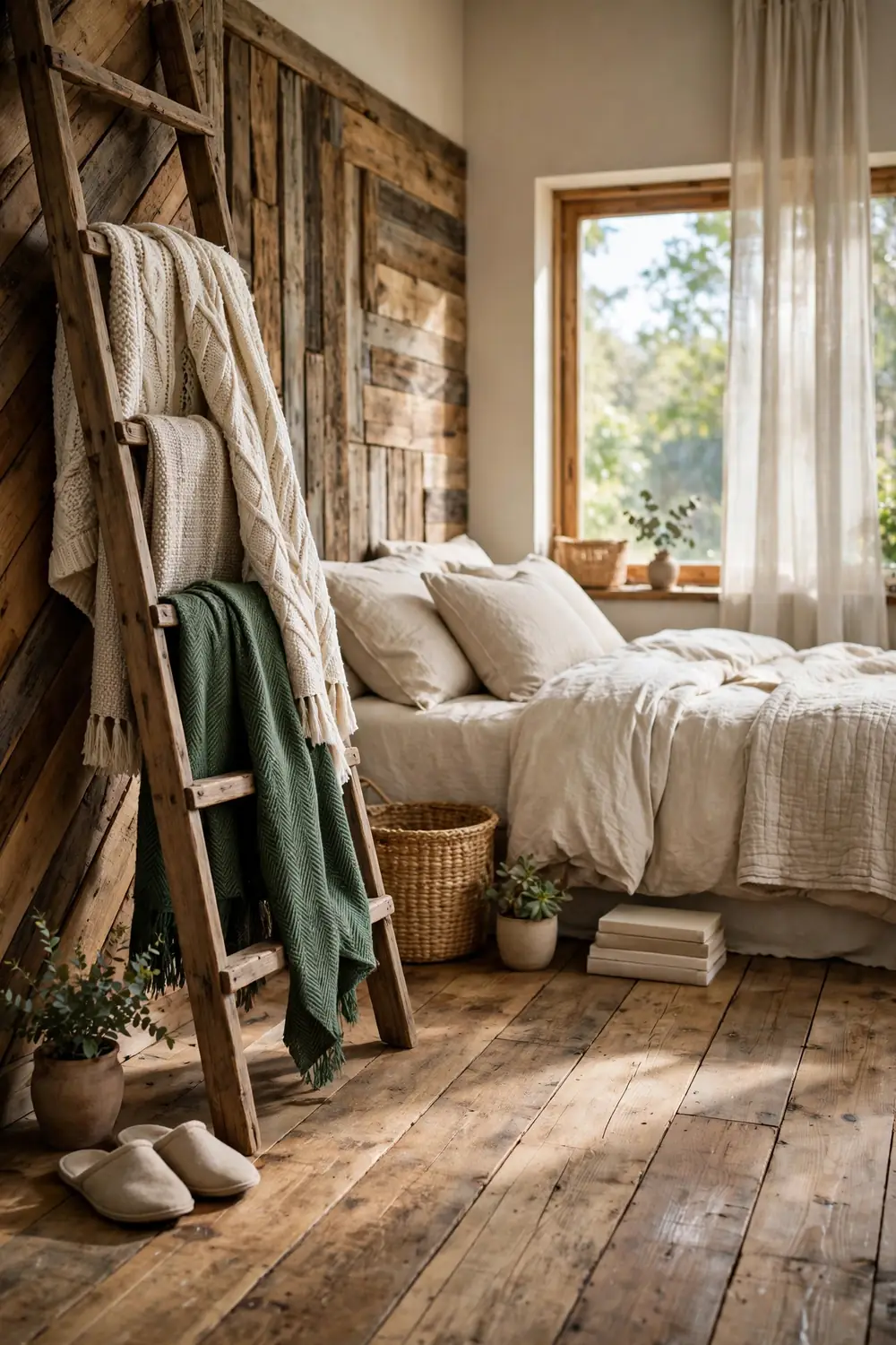 Wooden ladder leaned against a bedroom wall holding draped knit and woven throws