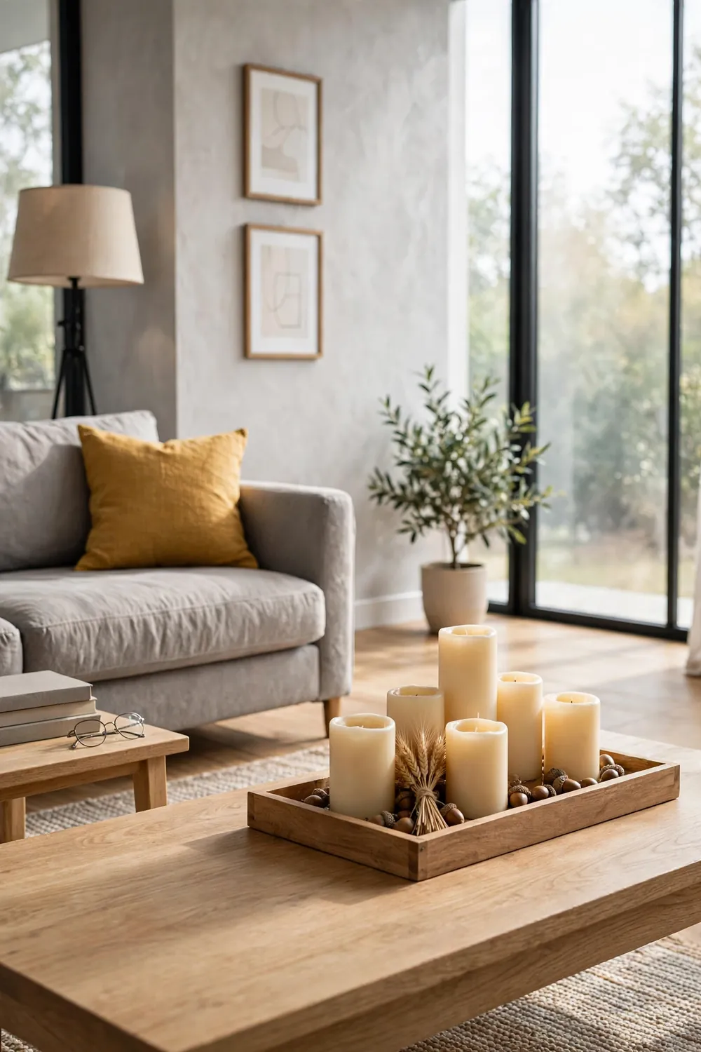 Low wooden tray holding five cream pillar candles of mixed heights with acorns and dried wheat on a coffee table