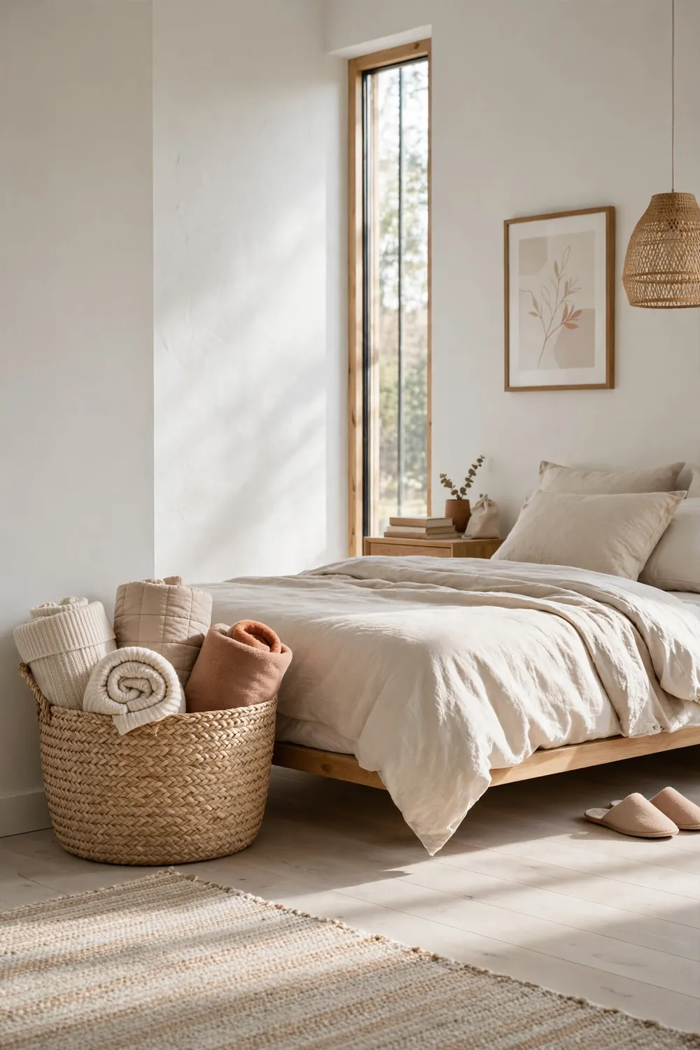 Woven seagrass basket filled with rolled knit and fleece throws beside a bed
