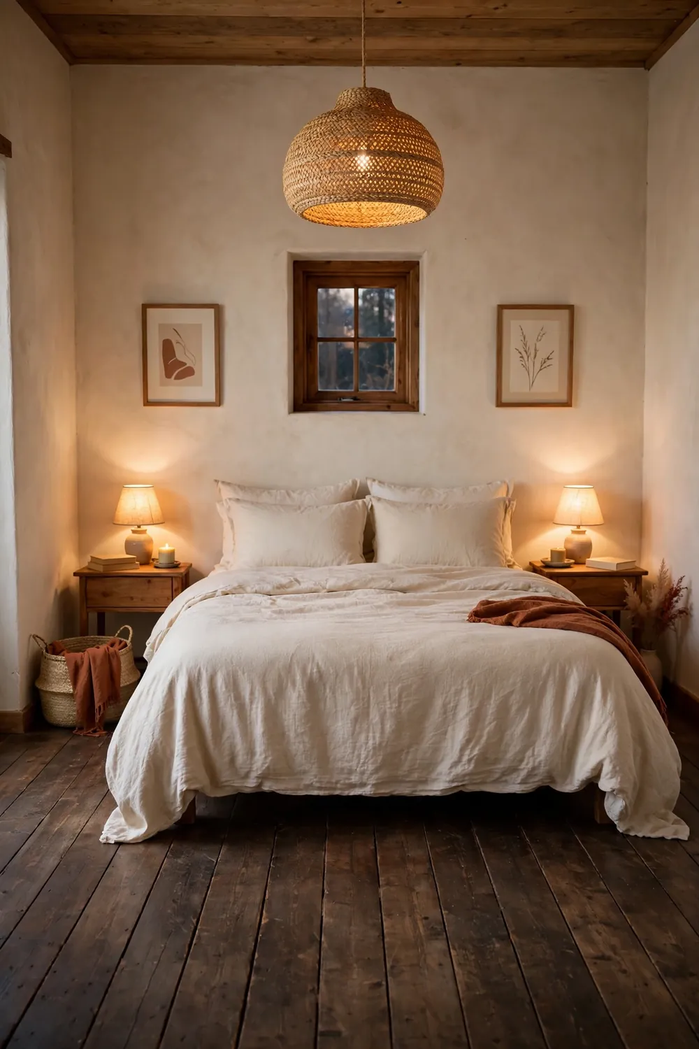 Woven rattan pendant light glowing over a bed in a wood cabin bedroom at dusk
