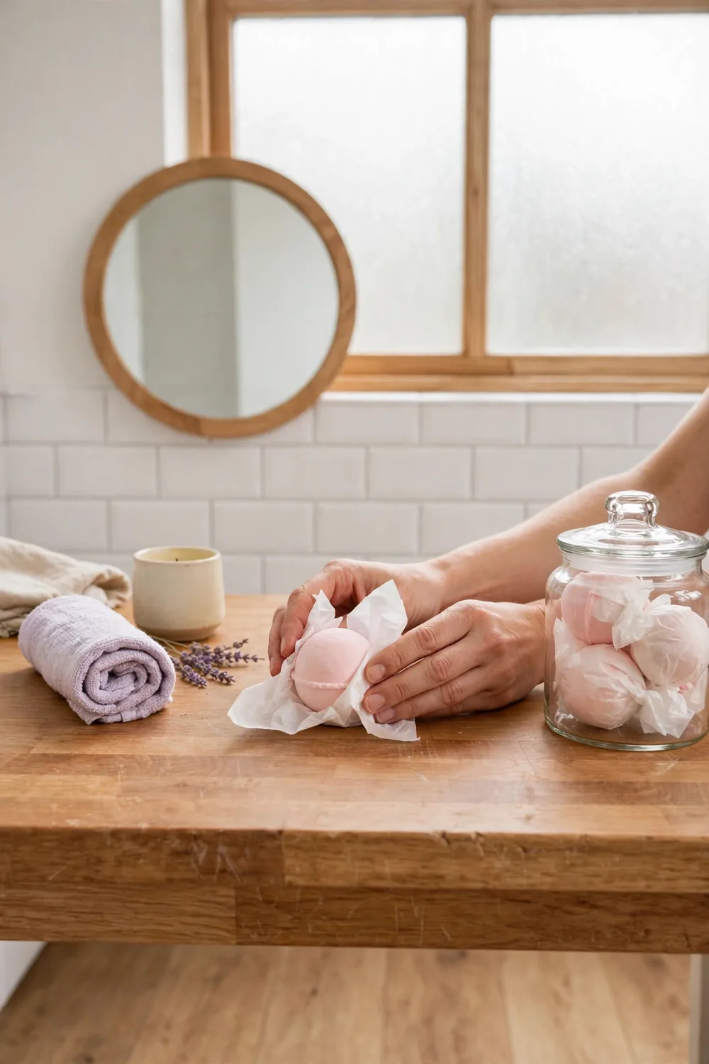Hands wrapping a pastel bath bomb in tissue paper next to a glass jar of wrapped bath bombs on a bathroom counter
