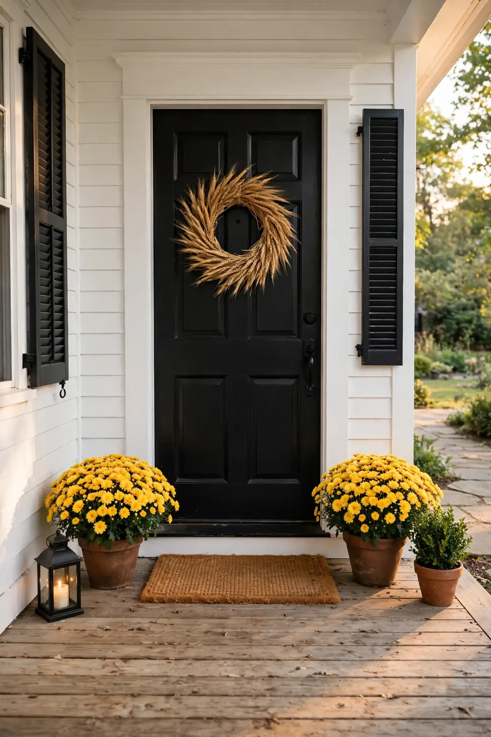 Dried wheat wreath on black door with neutral doormat and two gold mum pots in golden light