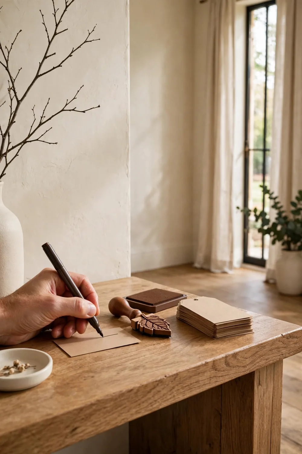 A hand writing a thankful note on a kraft paper tag with a brown marker, leaf stamp nearby
